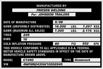 Trailer Weight Rating Label